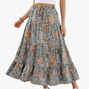 Women's Bohemian Midi Skirt - Purple&Green Multi